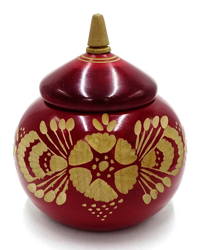 Hand Turned Carved Red Wooden Round Box