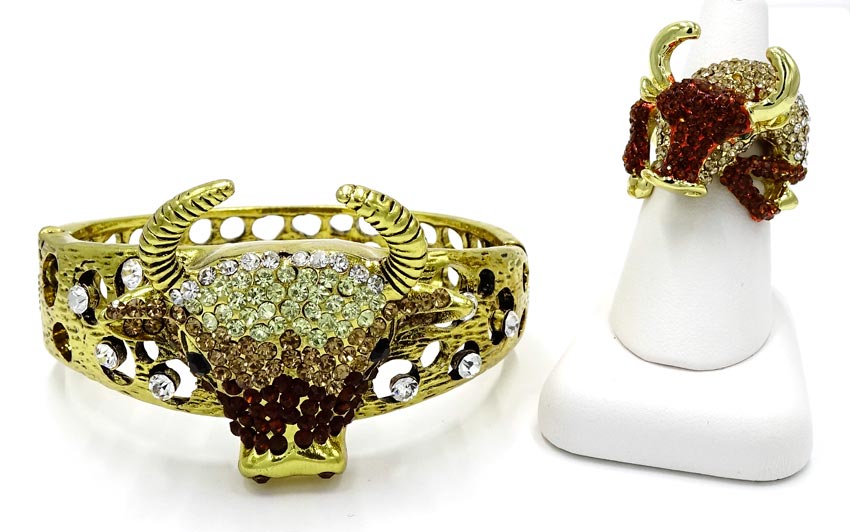Rhinestone Bull Or Taurus Bracelet And Ring Set