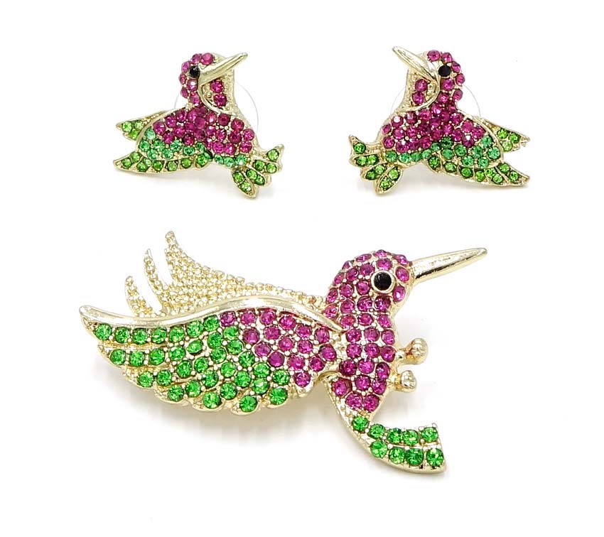 Adorable Rhinestone Hummingbird Earring And Pin Set