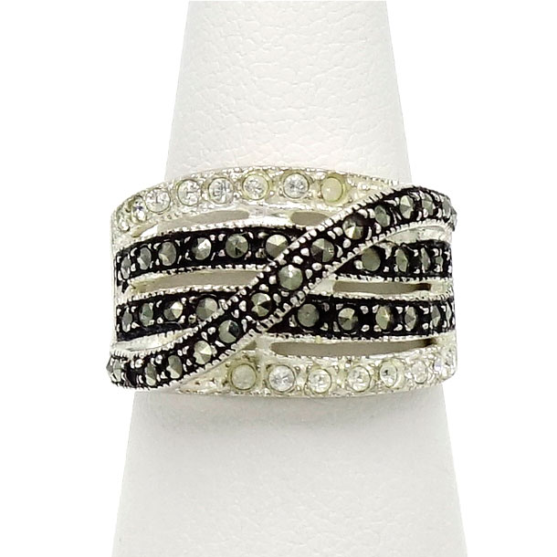 Wide Sterling Silver Ring With Rhinestones And Marcasites