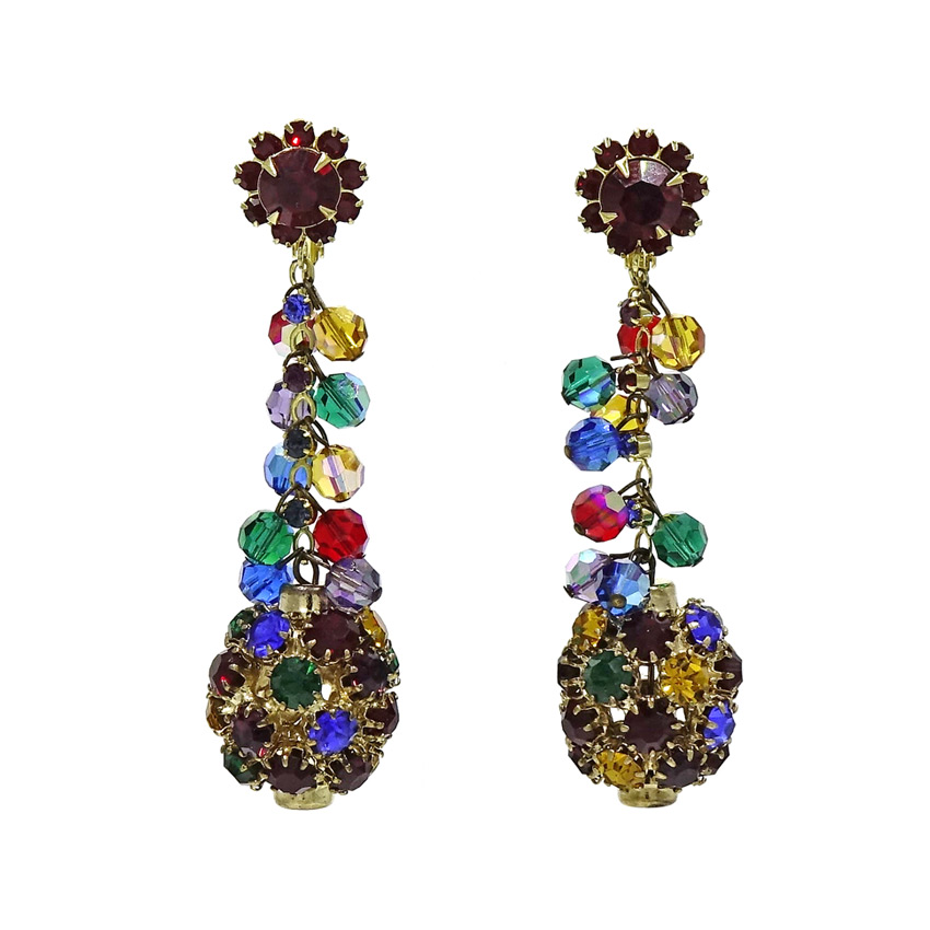 Vintage Amazing Multi-Colored Long Beaded Rhinestone Sputnik Drop Earrings