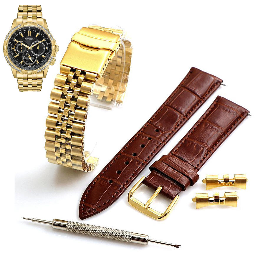Steel & Leather Gold Replacement Watch Band fits 8729-S115744 Citizen BU2082-56E