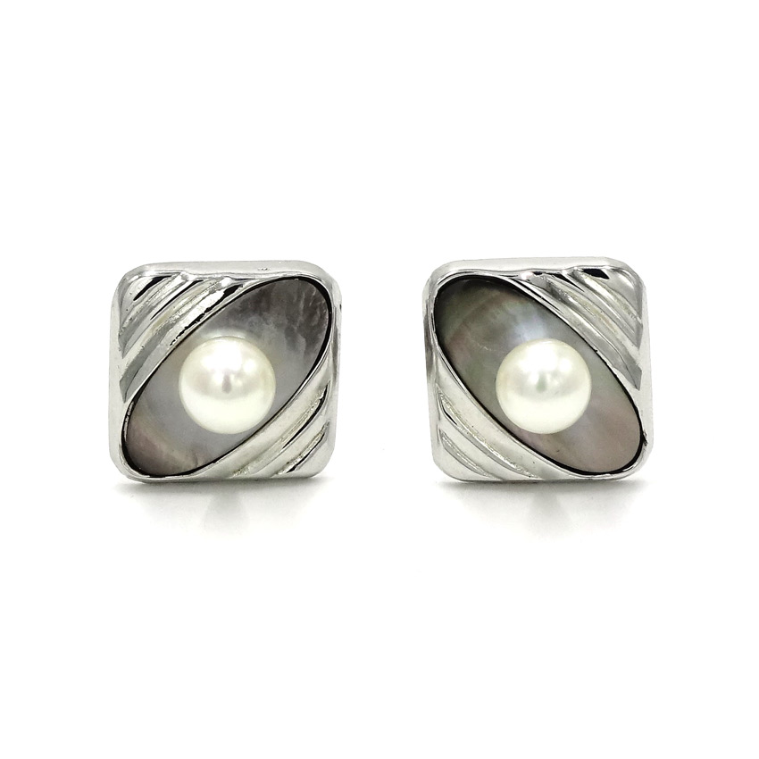Vintage Sterling Akoya Pearl With Dark Mother Of Pearl Cufflinks