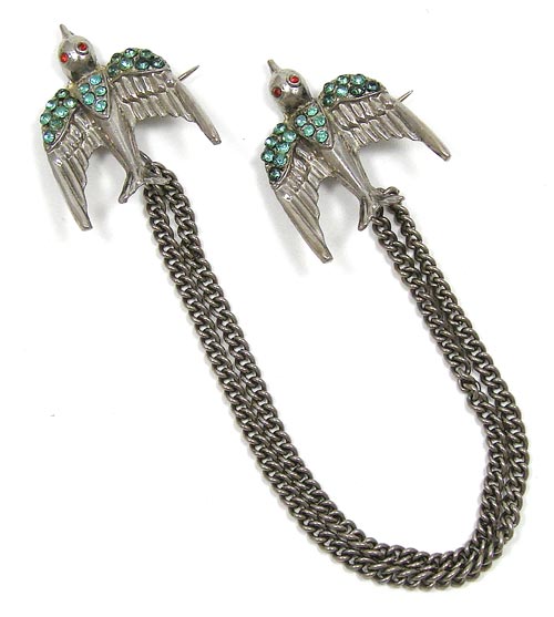 Vintage Early Rhinestone Swallow Chatelaine Cardi Pins