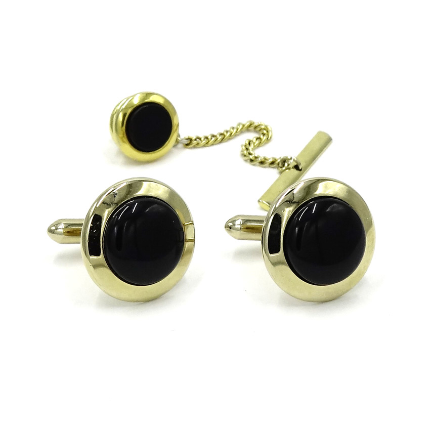 Vintage Round Gold And Black Cuff Links By Swank And Tie Tack