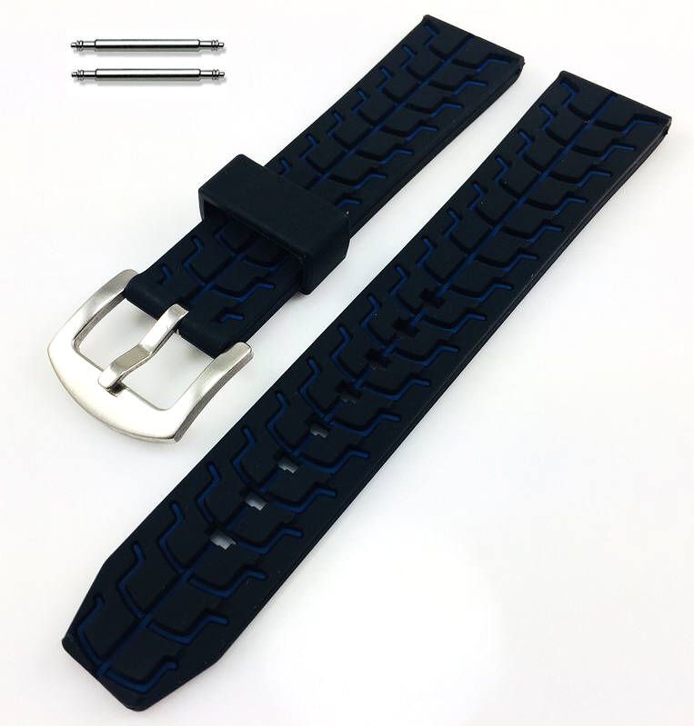 Tissot Compatible Black & Blue Sports Tire Track Rubber Silicone Replacement Watch Band Strap #4069