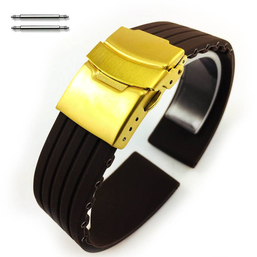 Tissot Compatible Brown Rubber Silicone Replacement Watch Band Strap Gold Double Lock Buckle #4017G