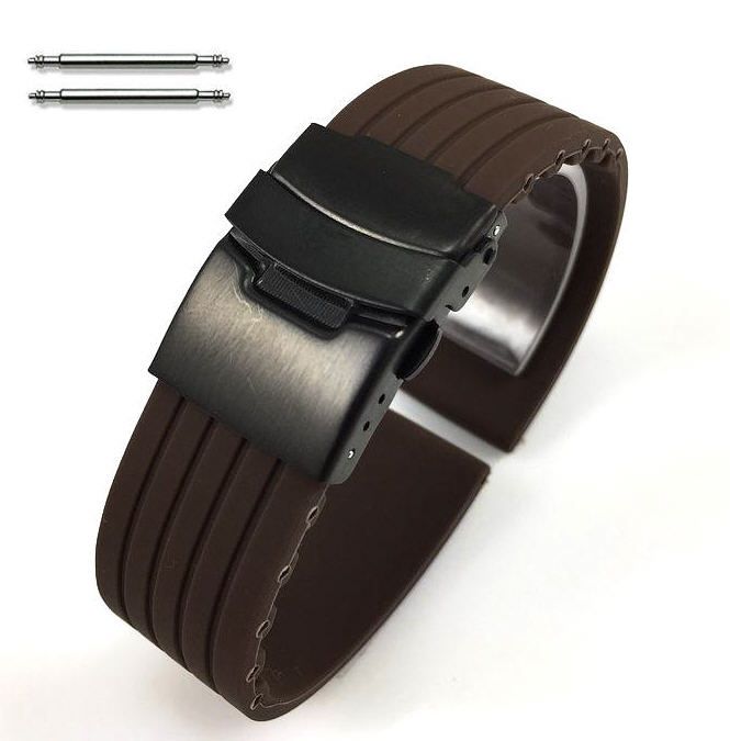 Tissot Compatible Brown Rubber Silicone Watch Band Strap Double Locking Black Steel Buckle #4018