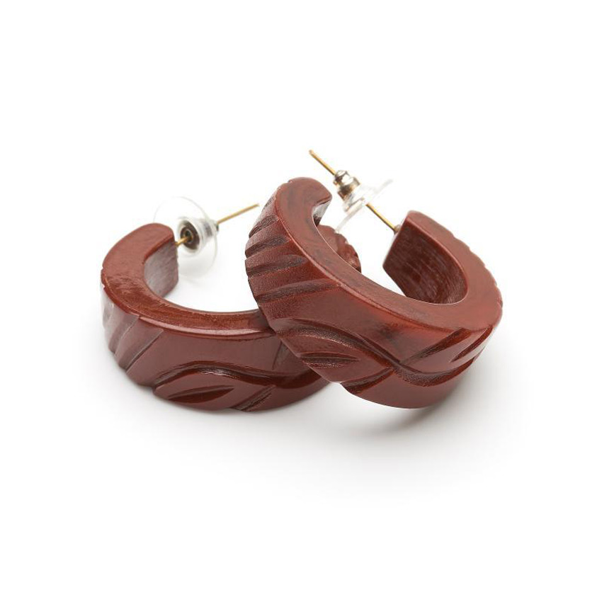 Tobacco Heavy Carved Fakelite Hoop Earrings By Splendette