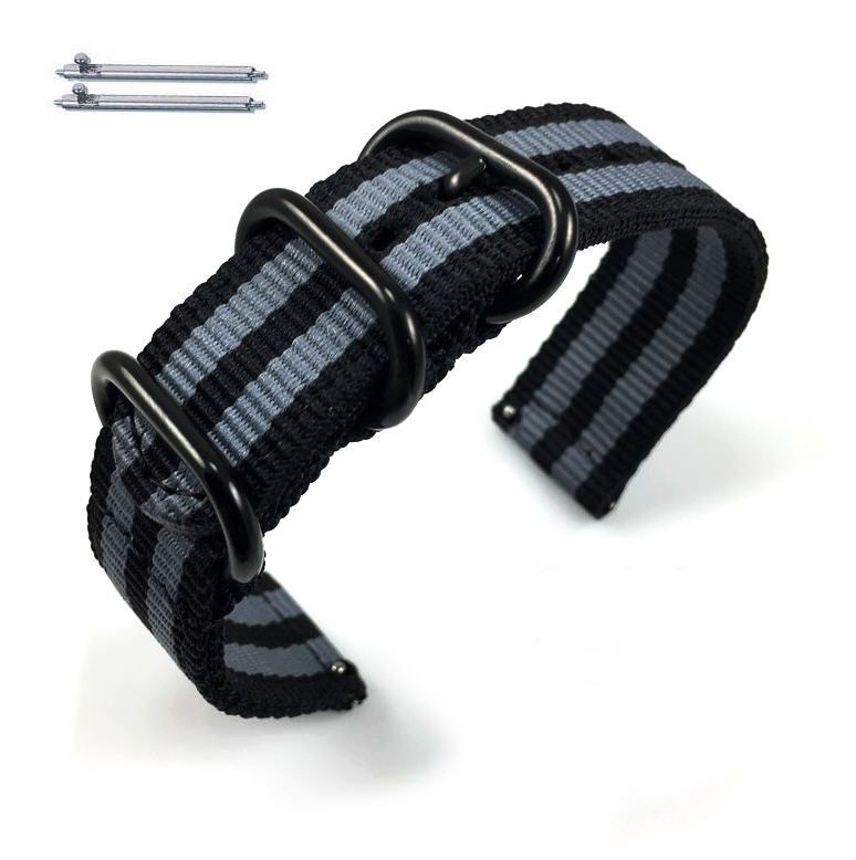 Tommy Hilfiger Compatible Black & Gray Stripes Nylon Watch Band Strap Belt Army Military Black Buckle #6042