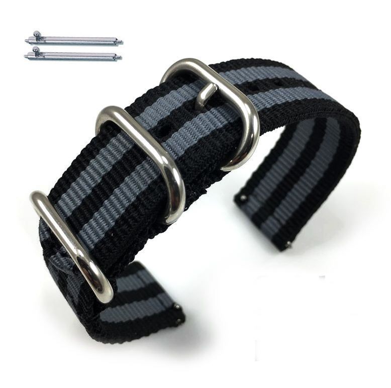 Tommy Hilfiger Compatible Black & Gray Stripes Nylon Watch Band Strap Belt Army Military Silver Buckle #6041