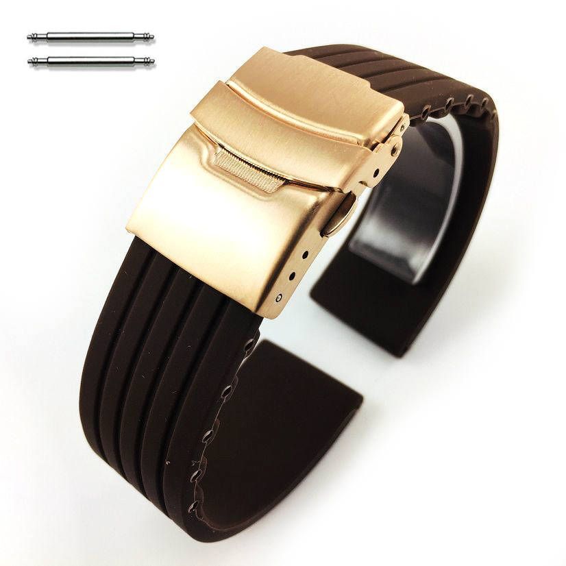Tommy Hilfiger Compatible Brown Rubber Silicone Watch Band Strap Rose Gold Double Locking Clasp #4017RG