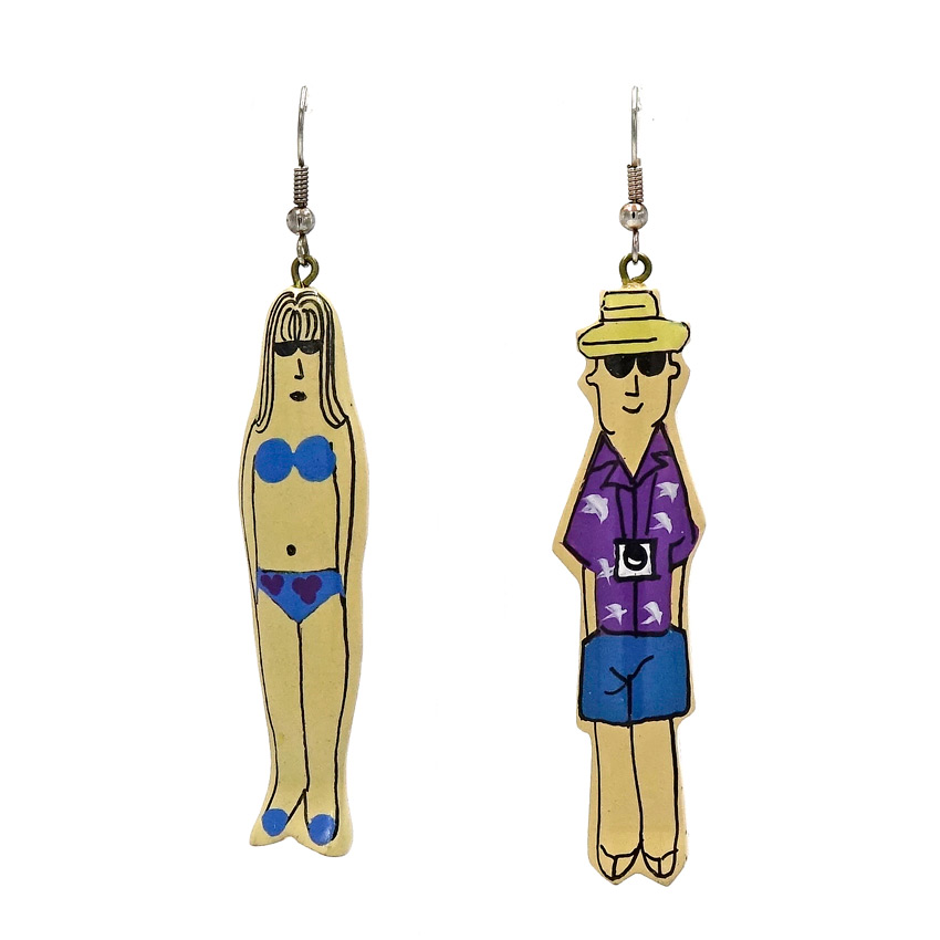 Vintage Tourist Couple Earrings Hand Carved And Painted Wood From Bali