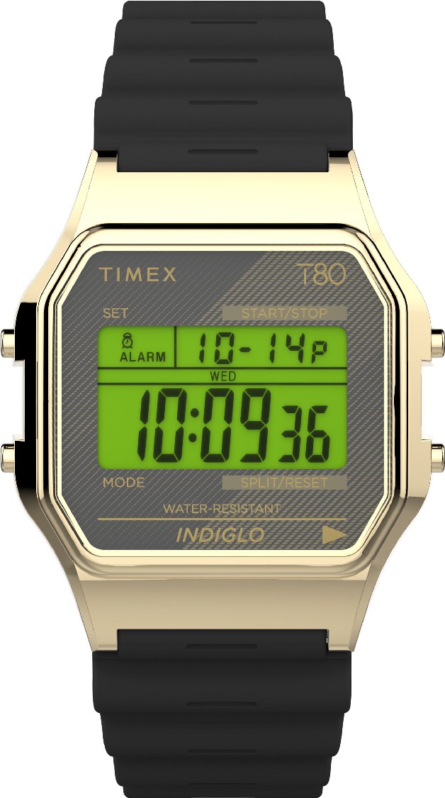 Unisex Timex T80 Digital Gold-tone Brass Case Black Resin Strap Watch TW2V41000