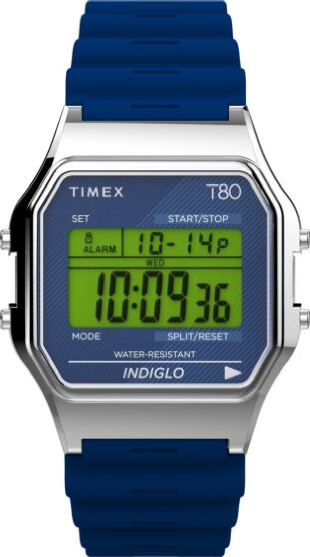 Unisex Timex T80 Digital Silver-Tone Brass Case Blue Resin Strap Watch TW2V41200