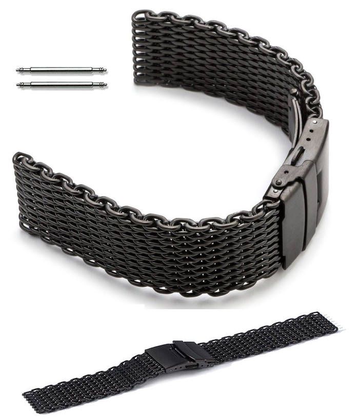 Wenger Compatible Black Stainless Steel Metal Shark Mesh Bracelet Watch Band Strap Double Locking #5032