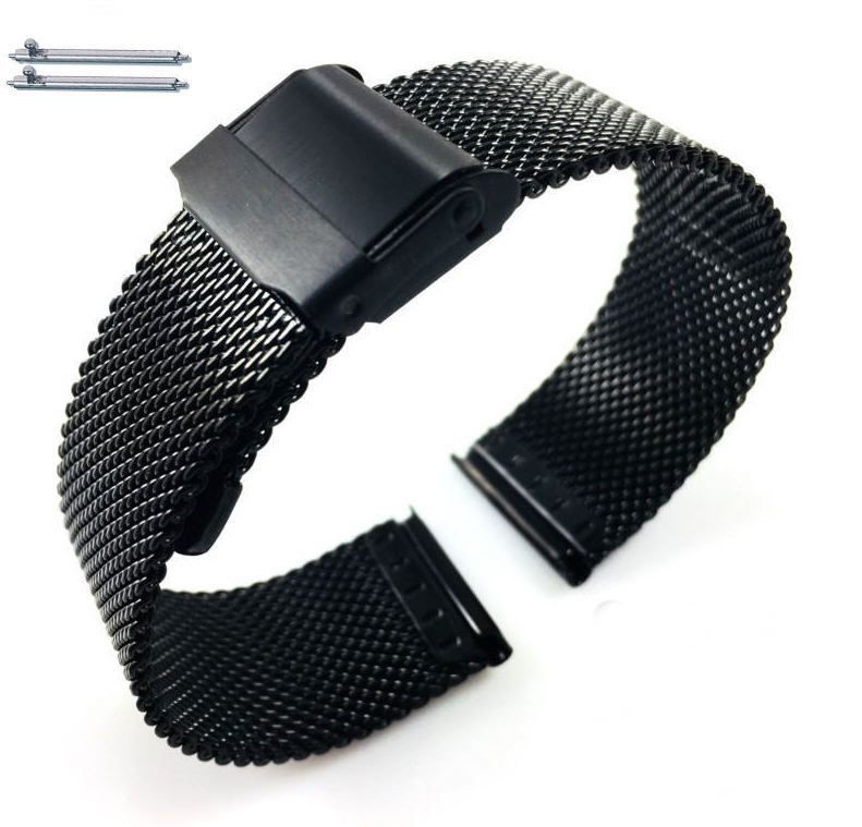Wenger Compatible Black Steel Metal Adjustable Mesh Bracelet Watch Band Strap Double Lock Clasp #5026