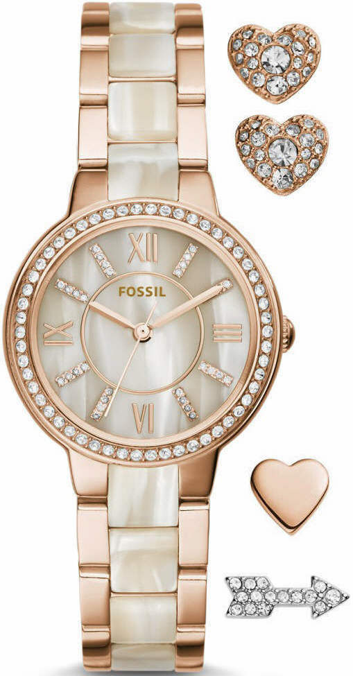 Women's Fossil Virginia Crystallized Rose Gold Bracelet Watch Set ES3965SET